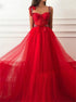 Red Tulle A Line Strap Pleats Prom Dress LBQ0893
